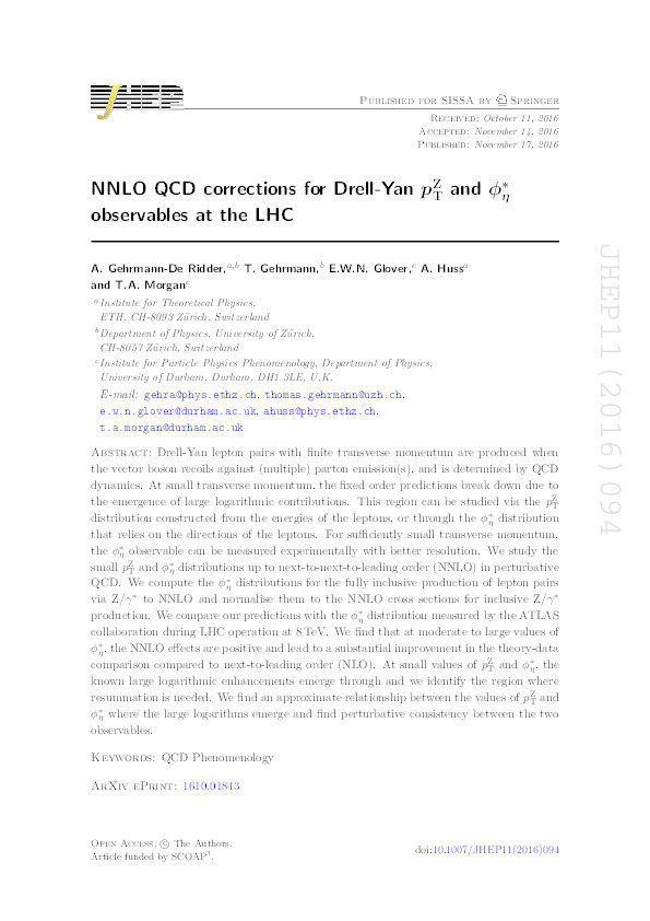 NNLO QCD corrections for Drell-Yan pTZ and ϕ∗η observables at the LHC Thumbnail