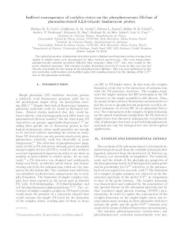 Indirect consequences of exciplex states on the phosphorescence lifetime of phenazine-based 1,2,3-triazole luminescent probes Thumbnail