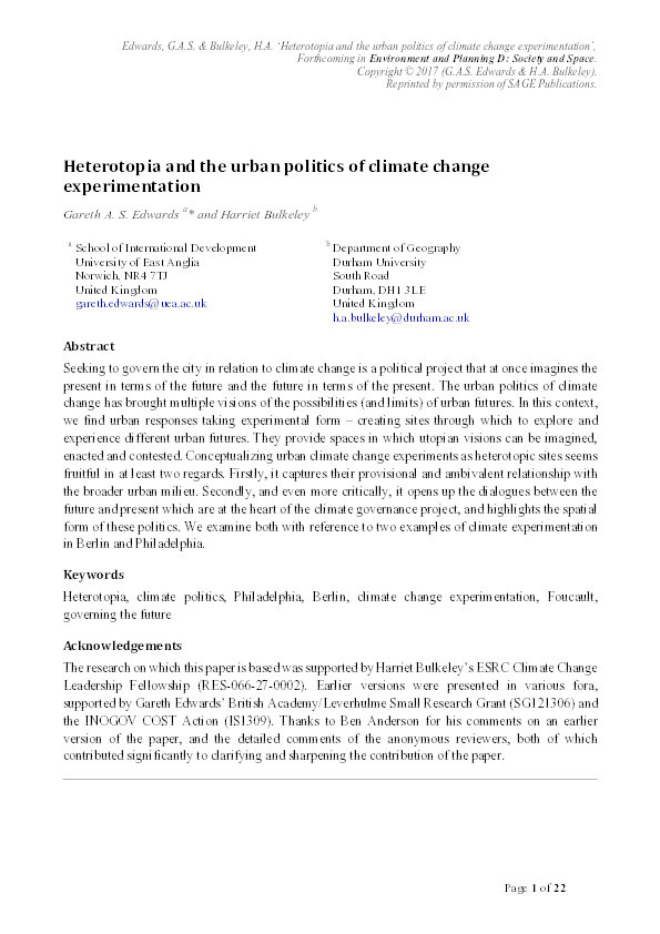 Heterotopia and the urban politics of climate change experimentation Thumbnail