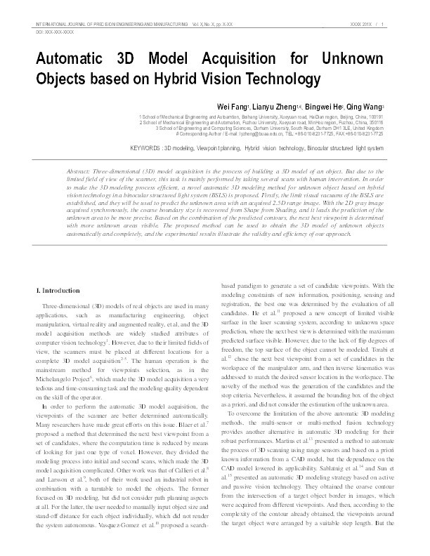Automatic 3D model acquisition for unknown objects based on hybrid vision technology Thumbnail