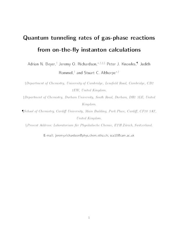 Quantum Tunneling Rates of Gas-Phase Reactions from On-the-Fly Instanton Calculations Thumbnail