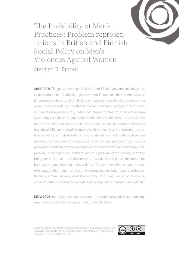 The invisibility of men's practices: Problem representations in British and Finnish social policy on men's violences against women Thumbnail