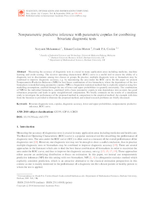 Nonparametric predictive inference with parametric copulas for combining bivariate diagnostic tests Thumbnail