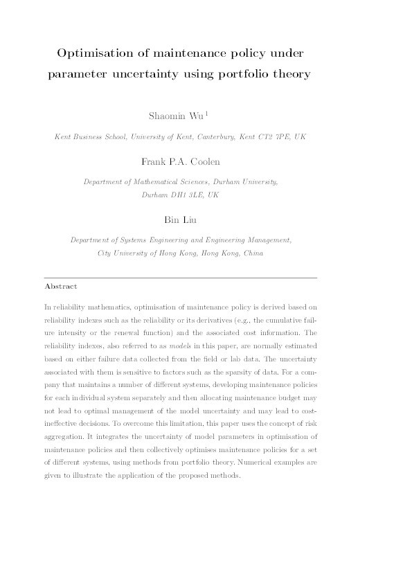 Optimisation of maintenance policy under parameter uncertainty using portfolio theory Thumbnail