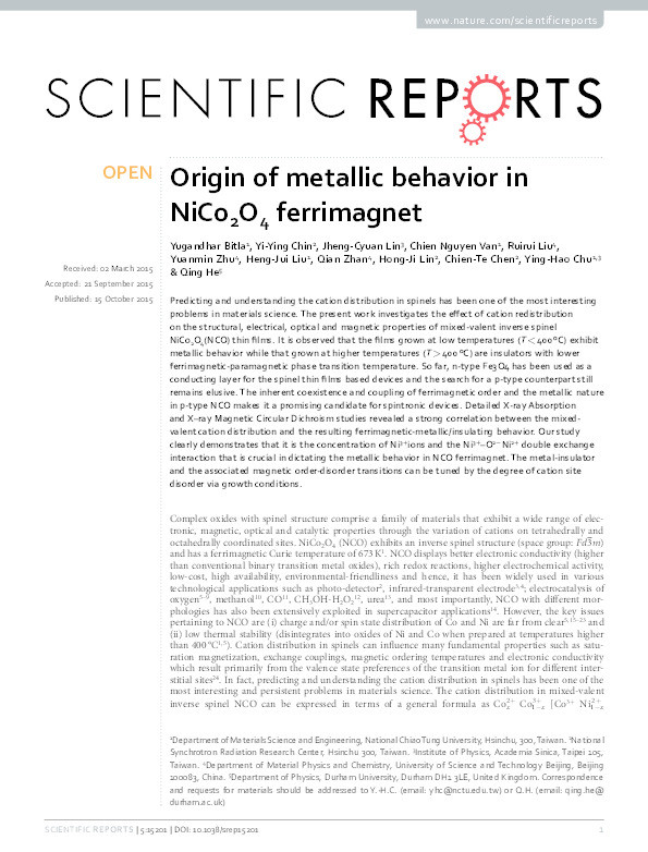 Origin of metallic behavior in NiCo2O4 ferrimagnet Thumbnail