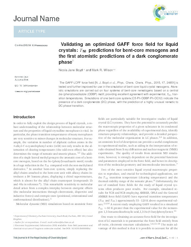Validating an optimized GAFF force field for liquid crystals: TNI predictions for bent-core mesogens and the first atomistic predictions of a dark conglomerate phase Thumbnail