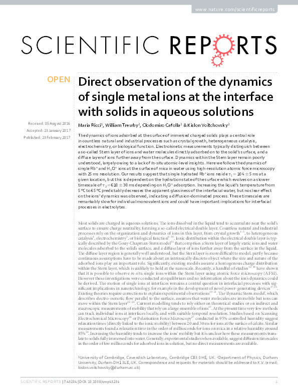Direct observation of the dynamics of single metal ions at the interface with solids in aqueous solutions Thumbnail