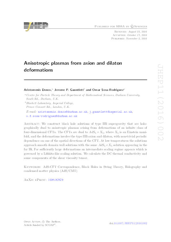 Anisotropic plasmas from axion and dilaton deformations Thumbnail