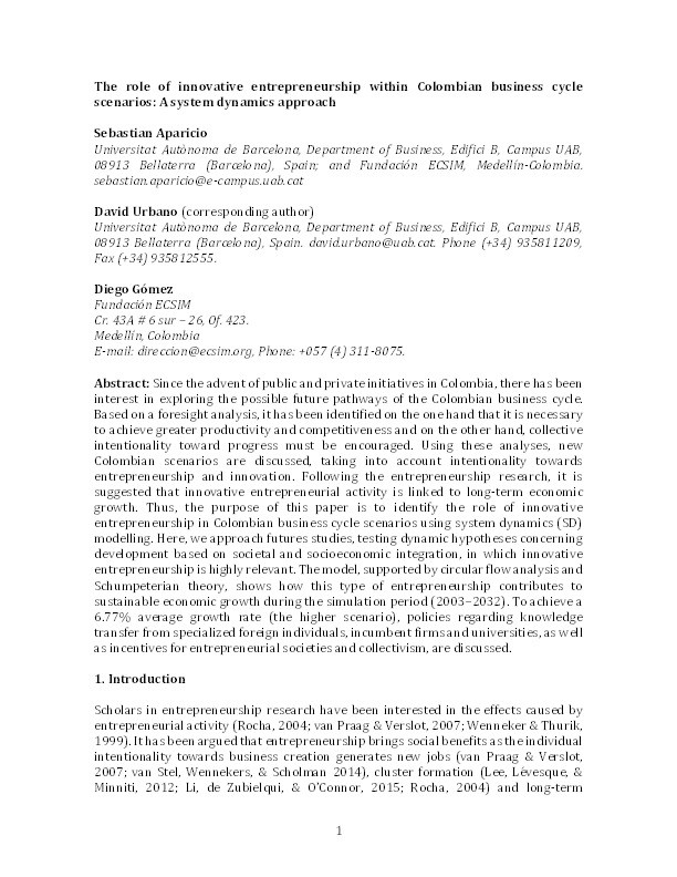 The role of innovative entrepreneurship within Colombian business cycle scenarios: A system dynamics approach Thumbnail