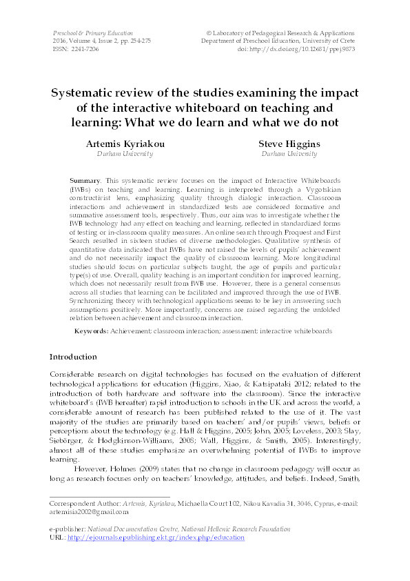 Systematic Review of the Studies Examining the Impact of the Interactive Whiteboard on Teaching and Learning: what we do learn and what we do not Thumbnail