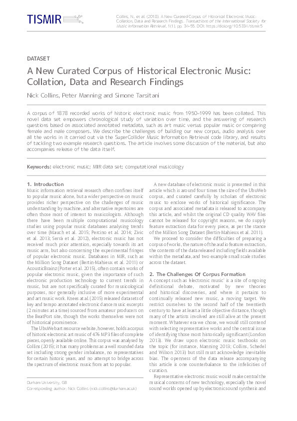 A new curated corpus of historical electronic music: Collation, data and research findings Thumbnail
