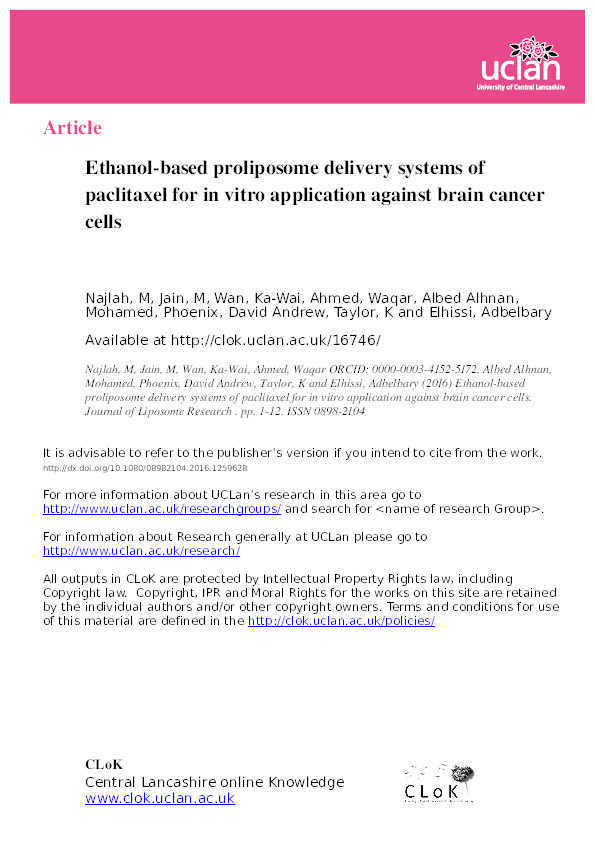 Ethanol-Based Proliposome Delivery Systems of Paclitaxel for In Vitro Application Against Brain Cancer Cells Thumbnail