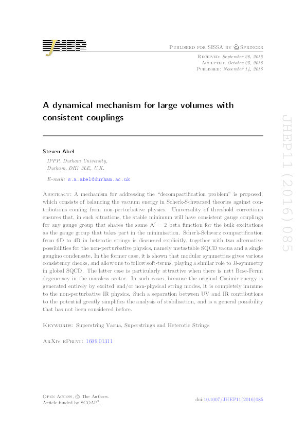 A dynamical mechanism for large volumes with consistent couplings Thumbnail