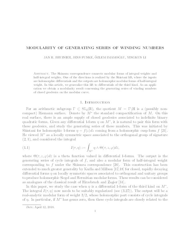 Modularity of generating series of winding numbers Thumbnail