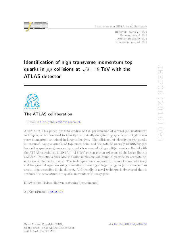 Identification of high transverse momentum top quarks in pp collisions at s√=8s=8 TeV with the ATLAS detector Thumbnail