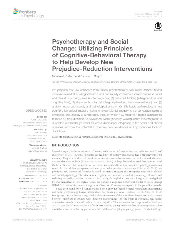 Psychotherapy and Social Change: Utilizing Principles of Cognitive-Behavioral Therapy to Help Develop New Prejudice-Reduction Interventions Thumbnail