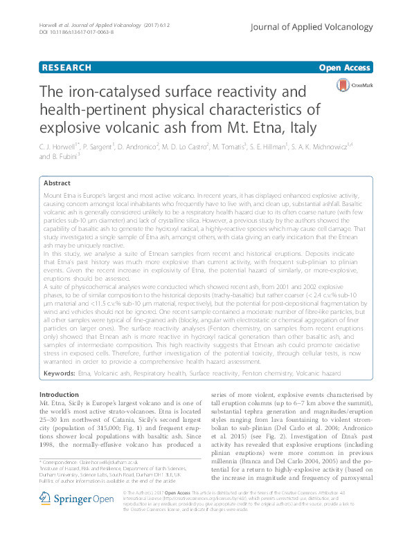 The iron-catalysed surface reactivity and health-pertinent physical characteristics of explosive volcanic ash from Mt. Etna, Italy Thumbnail