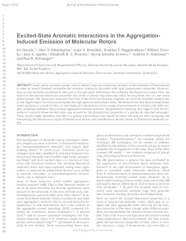 Excited-State Aromatic Interactions in the Aggregation-Induced Emission of Molecular Rotors Thumbnail