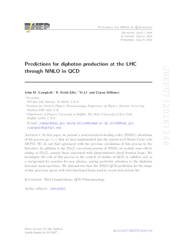 Predictions for diphoton production at the LHC through NNLO in QCD Thumbnail