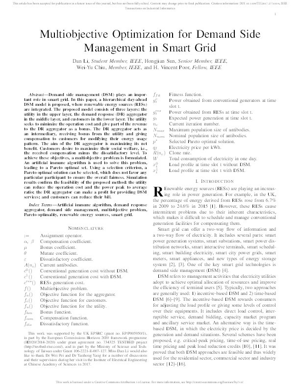 Multiobjective Optimization for Demand Side Management in Smart Grid Thumbnail