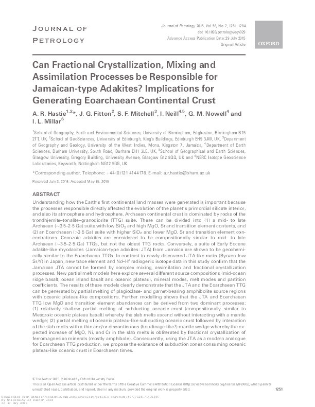 Can Fractional Crystallization, Mixing and Assimilation Processes be Responsible for Jamaican-type Adakites? Implications for Generating Eoarchaean Continental Crust Thumbnail