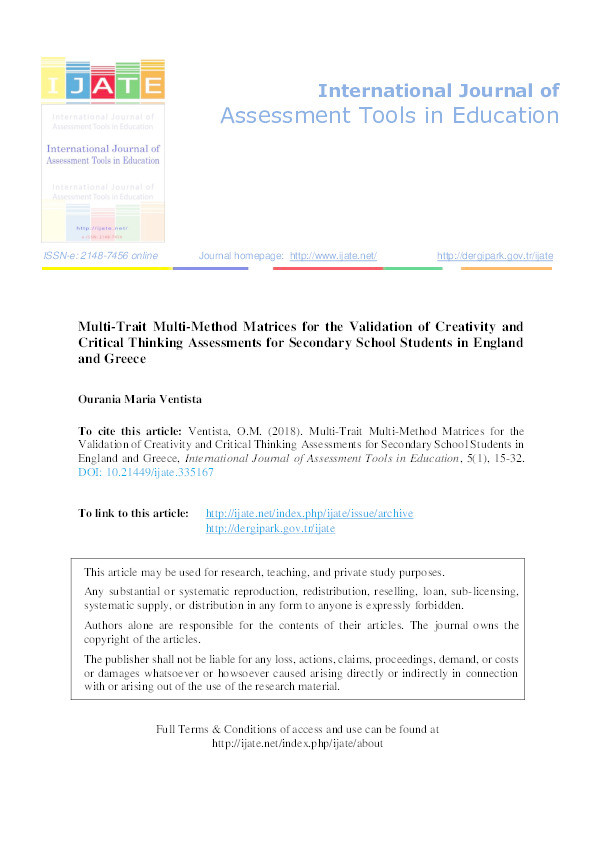 Multi-Trait Multi-Method Matrices for the Validation of Creativity and Critical Thinking Assessments for Secondary School Students in England and Greece Thumbnail