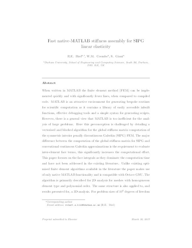 Fast native-MATLAB stiffness assembly for SIPG linear elasticity Thumbnail