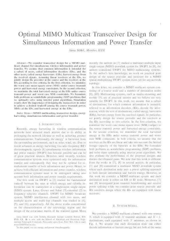 Optimal MIMO Multicast Transceiver Design for Simultaneous Information and Power Transfer Thumbnail