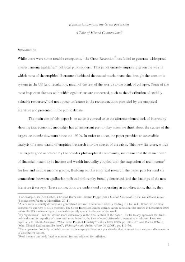 Egalitarianism and the Great Recession: A Tale of Missed Connections? Thumbnail