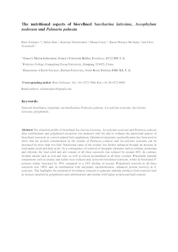 The nutritional aspects of biorefined Saccharina latissima, Ascophyllum nodosum and Palmaria palmata Thumbnail
