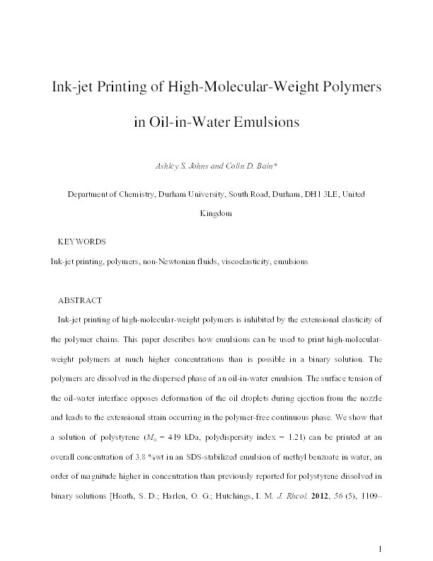 Ink-Jet Printing of High-Molecular-Weight Polymers in Oil-in-Water Emulsions Thumbnail