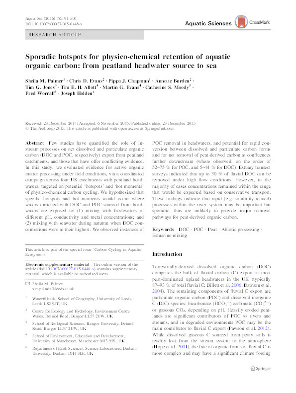 Sporadic hotspots for physico-chemical retention of aquatic organic carbon: from peatland headwater source to sea Thumbnail