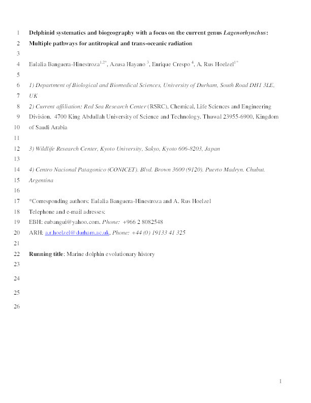 Delphinid systematics and biogeography with a focus on the current genus Lagenorhynchus: Multiple pathways for antitropical and trans-oceanic radiation Thumbnail