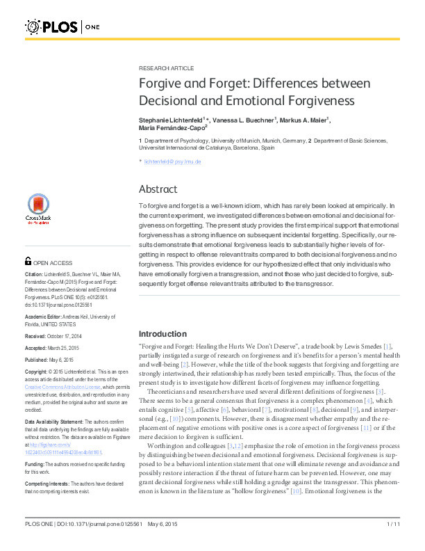 Forgive and forget: Differences between decisional and emotional forgiveness Thumbnail