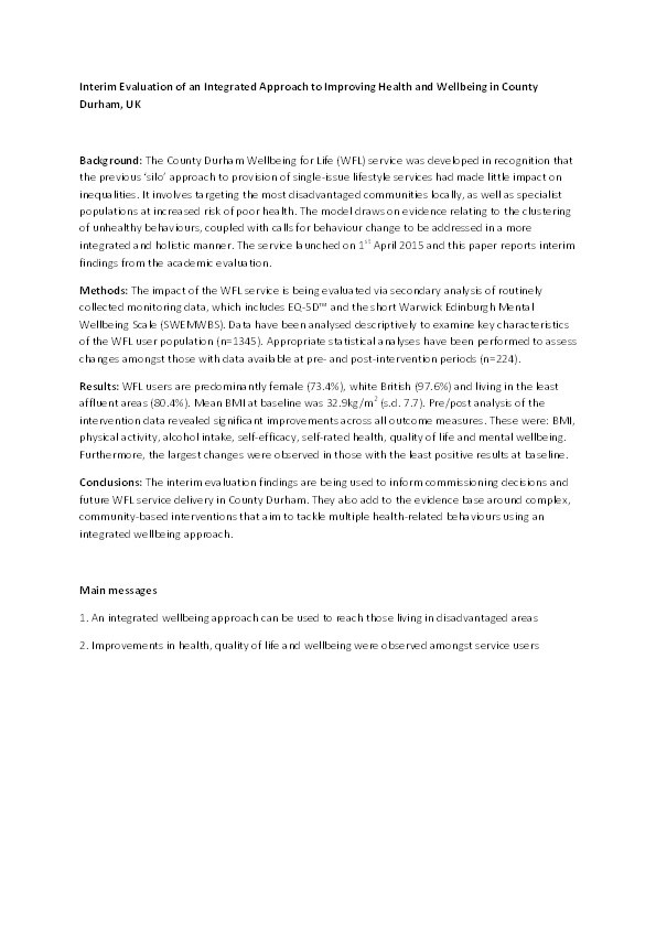 Interim evaluation of an integrated approach to improving health and wellbeing in County Durham, UK Thumbnail