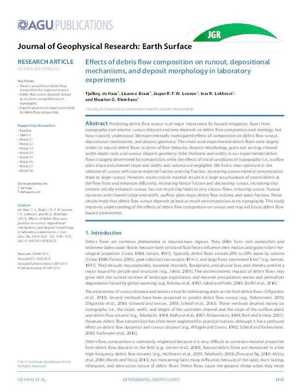 Effects of debris-flow composition and topography on runout distance, depositional mechanisms and deposit morphology Thumbnail