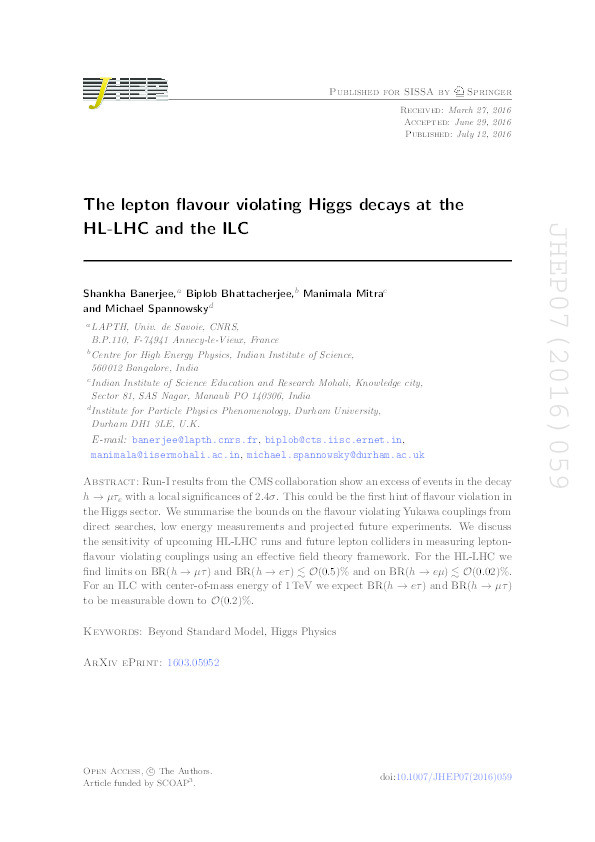 The Lepton Flavour Violating Higgs Decays at the HL-LHC and the ILC Thumbnail