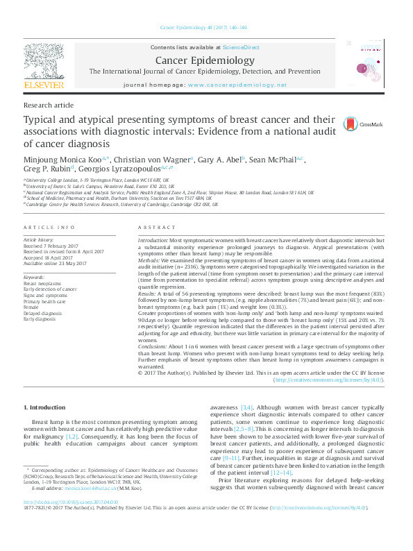 Typical and atypical presenting symptoms of breast cancer and their associations with diagnostic intervals: Evidence from a national audit of cancer diagnosis Thumbnail