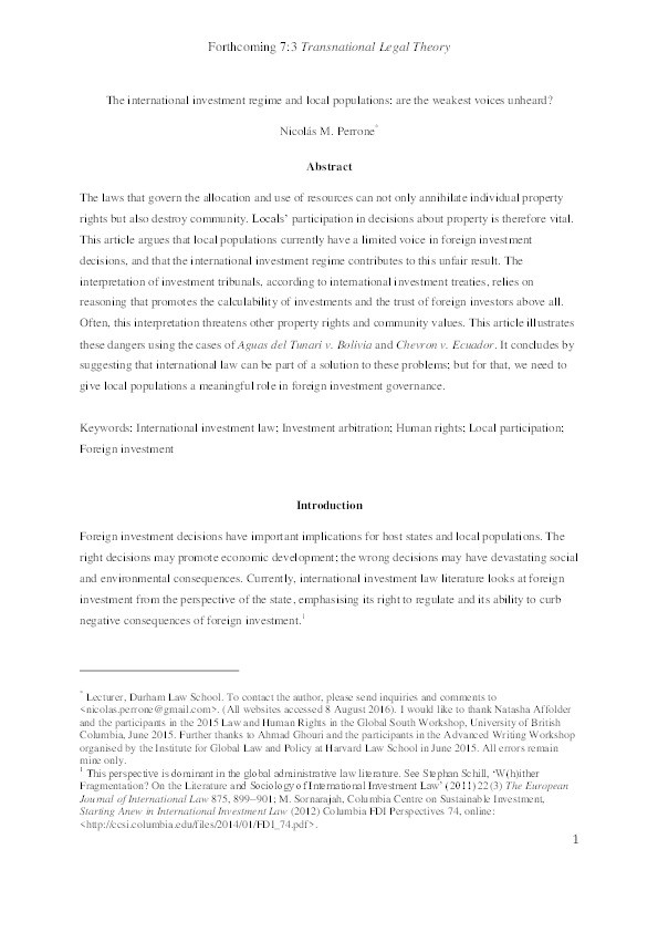 The international investment regime and local populations: are the weakest voices unheard? Thumbnail