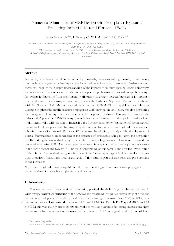 Numerical Simulation of MZF Design with Non-planar Hydraulic Fracturing from Multi-lateral Horizontal Wells Thumbnail