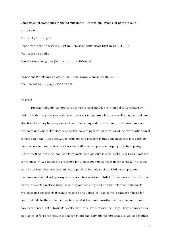 Compaction of diagenetically altered mudstones – Part 2: Implications for pore pressure estimation Thumbnail