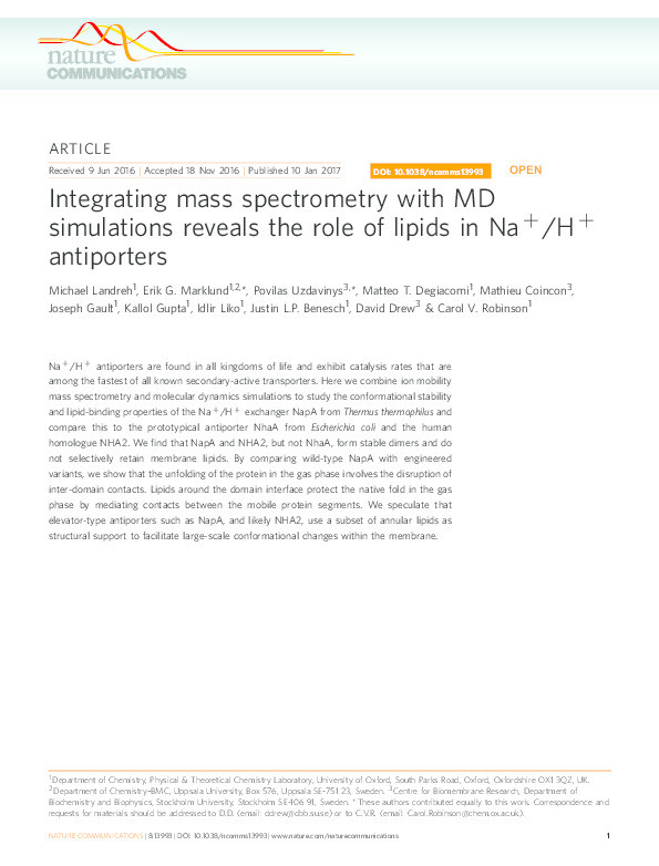 Integrating mass spectrometry with MD simulations reveals the role of lipids in Na+/H+ antiporters Thumbnail
