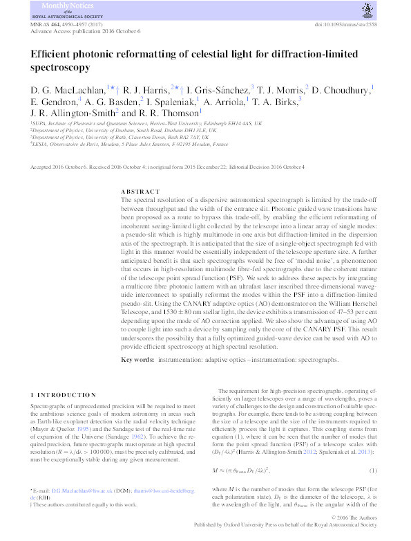 Efficient photonic reformatting of celestial light for diffraction-limited spectroscopy Thumbnail