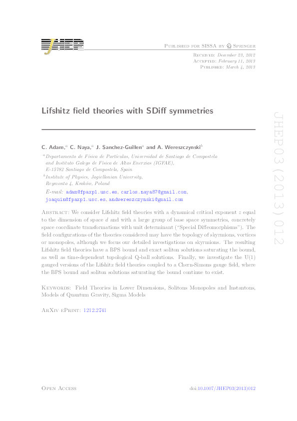 Lifshitz field theories with SDiff symmetries Thumbnail