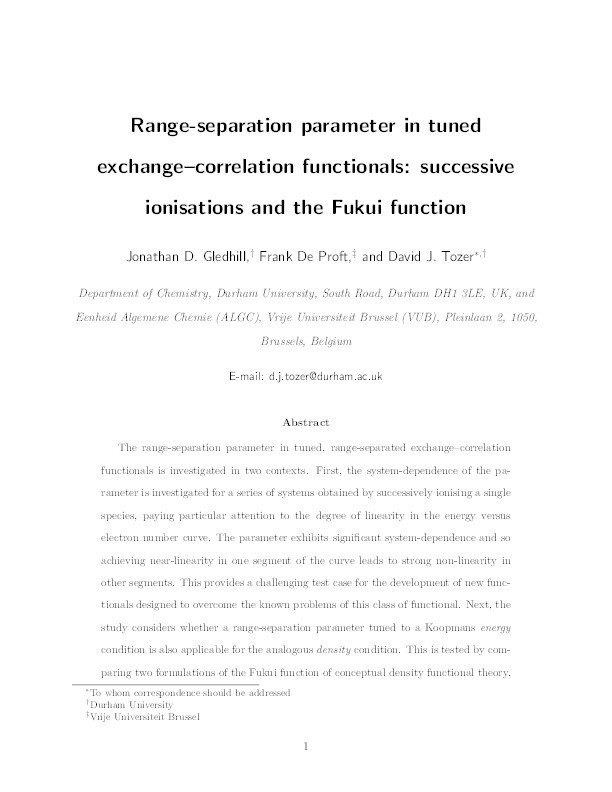Range-separation parameter in tuned exchange–correlation functionals: Successive ionizations and the Fukui function Thumbnail