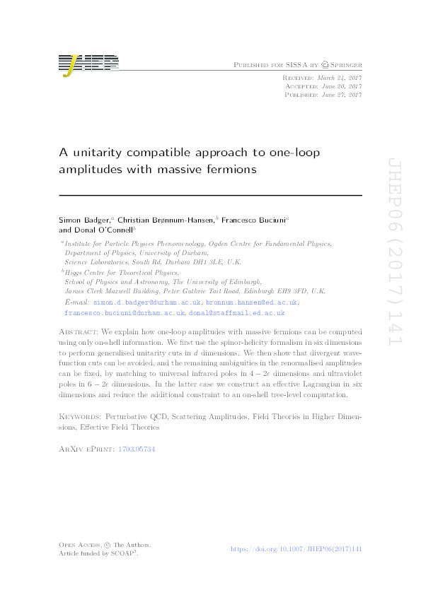 A unitarity compatible approach to one-loop amplitudes with massive fermions Thumbnail