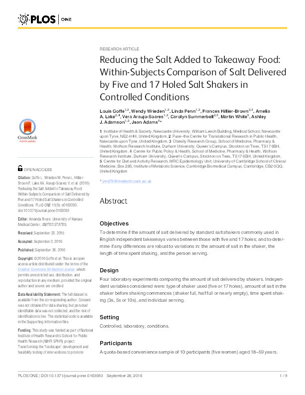 Reducing the Salt Added to Takeaway Food: Within-Subjects Comparison of Salt Delivered by Five and 17 Holed Salt Shakers in Controlled Conditions Thumbnail