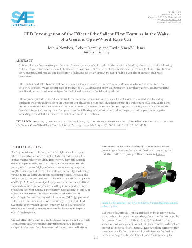 CFD Investigation of the Effect of the Salient Flow Features in the Wake of a Generic Open-Wheel Race Car Thumbnail