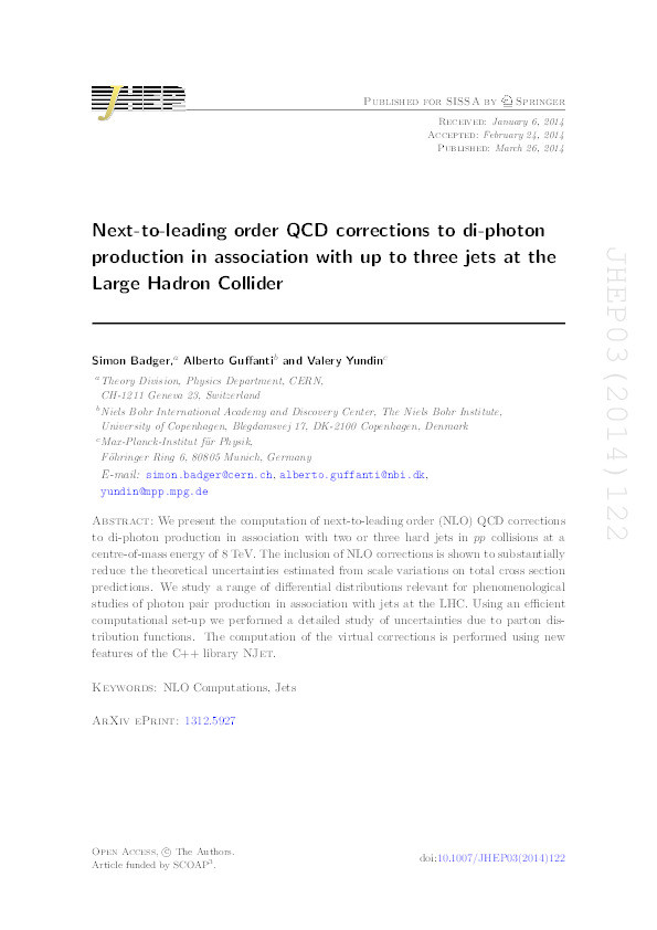 Next-to-leading order QCD corrections to di-photon production in association with up to three jets at the Large Hadron Collider Thumbnail