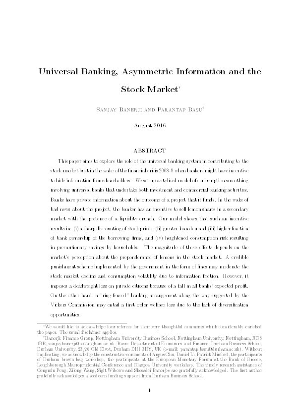 Universal Banking, Asymmetric Information and the Stock Market Thumbnail